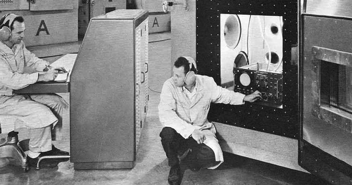 historic black and white photograph of a test chamber from 1970