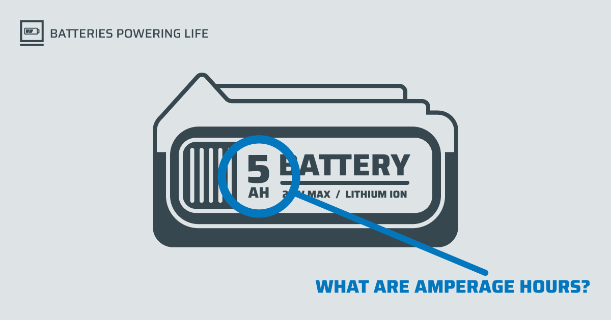 A battery illustration with the amperage hours circled with text below asking "What are amperage hours?"
