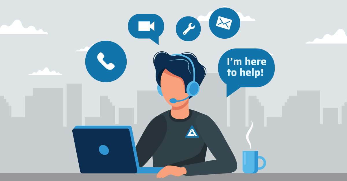 An illustration of a person sitting at a laptop with headphones on waiting to answer questions.